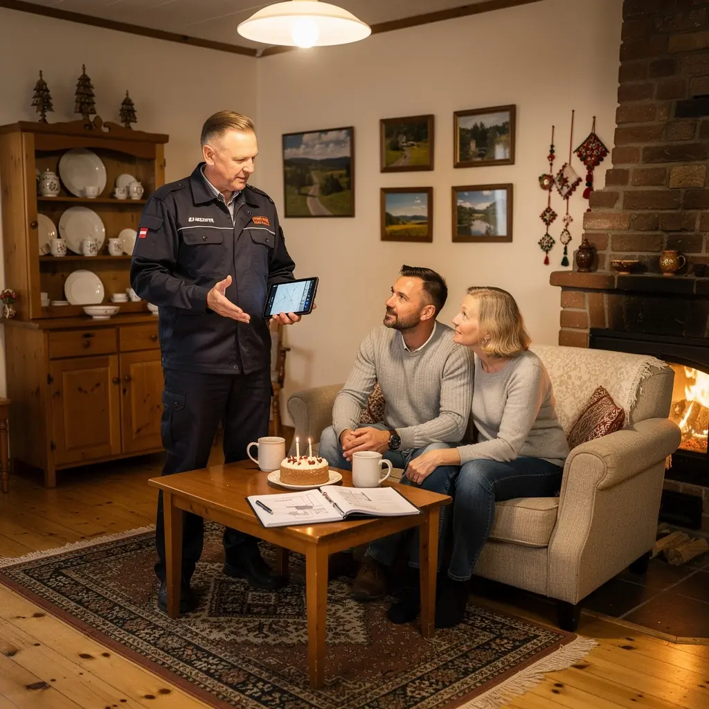 Kamīna tīrīšanas process ar profesionālu tehniku un darbiniekiem